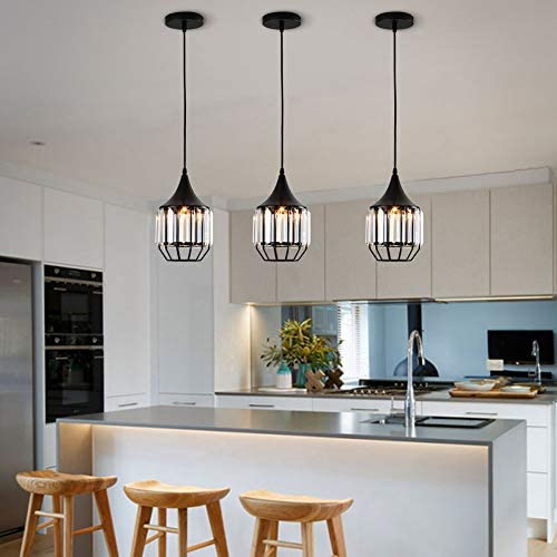 TFCFL 3 Pack Pendant Light Fixture, Industrial Crystal Ceiling Hanging Lighting Adjustable for Dining Room Living Room Kitchen Island (Black)