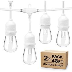 2 Pack 48FT LED Outdoor String Lights with 5000K Daylight White, Waterproof Hanging String Lights Commercial Grade Patio Lights with Dimmable Shatterproof Bulbs for Bistro Backyard White Cord