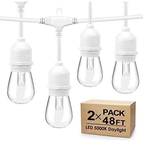 2 Pack 48FT LED Outdoor String Lights with 5000K Daylight White, Waterproof Hanging String Lights Commercial Grade Patio Lights with Dimmable Shatterproof Bulbs for Bistro Backyard White Cord