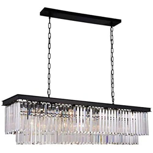 Antilisha Modern Rectangle Crystal Chandelier Lighting Fixture Linear Pendant Hanging Light Fixture for Dining Room Table Kitchen Decorative Contemporary Design 33.5'' Black