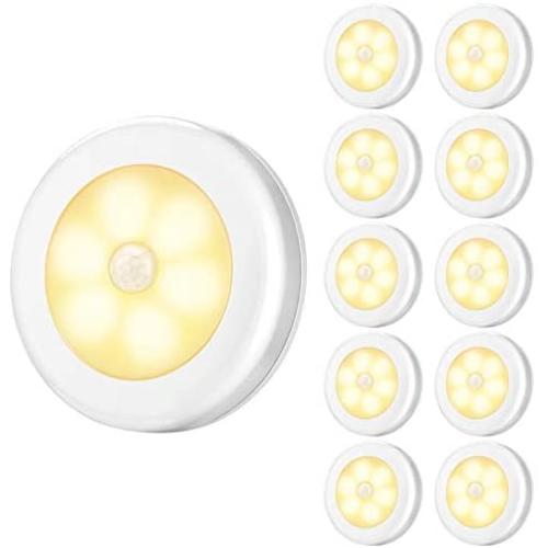 AMIR Upgraded Motion Sensor Lights, Battery-Powered LED Night Lights, Stick-Anywhere Closet Lights Stair Lights, Wall Lights for Hallway, Bathroom, Bedroom, Kitchen etc. (Warm White - Pack of 10)