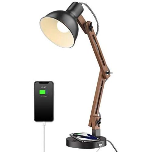ELYONA Modern Swing Arm Desk Lamp, Wood Bedside Table Lamp with Wireless Charging & USB Port, Eye-Caring Reading Lights for College Dorm, Office, Living Room, Bedroom - Black …