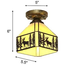 KWOKING Lighting Vintage Elk Pattern Hanging Lamp Tiffany Stained Glass Flush Mount Ceiling Light Handmade Lamp Fixture for Living Room, Hallway, Kitchen - Bronze 7.48inch