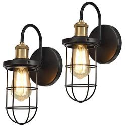 Hamilyeah Farmhouse Wall Sconces with Cage Shade, Industrial Hardwired Sconces Wall Lighting Fixture,Gooseneck Black and Gold Wall Light Indoor Set of Two for Bathroom, Bedroom, Living Room, UL listed