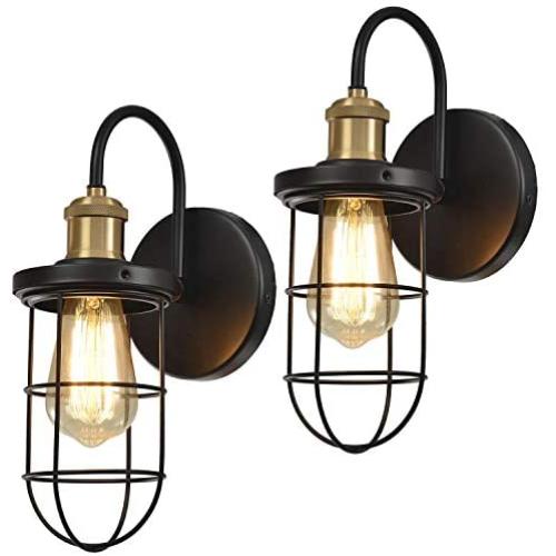 Hamilyeah Farmhouse Wall Sconces with Cage Shade, Industrial Hardwired Sconces Wall Lighting Fixture,Gooseneck Black and Gold Wall Light Indoor Set of Two for Bathroom, Bedroom, Living Room, UL listed