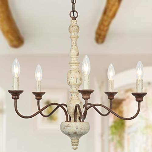 Derksic 5-Light French Country Chandelier Rustic Imitation Wood Farmhouse Chandelier for Dining Room Living Room Bedroom Kitchen Stairway