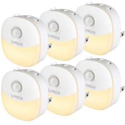 Night Light [Upgrade], Lyridz LED Warm White Plug in Nightlight with Auto Dusk-to-Dawn Motion Sensor, 3 Modes, Adjustable Brightness, Compact Size for Hallways, Stairs, Bedroom, Kitchen, 6-Pack