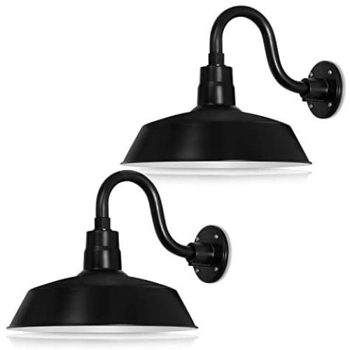 14in. Satin Black Outdoor Gooseneck Barn Light Fixture with 10in. Long Extension Arm - Wall Sconce Farmhouse, Antique Style - UL Listed - 9W 900lm A19 LED Bulb (5000K Cool White) - 2-Pack