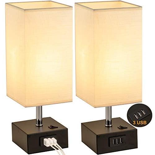 USB Table Lamp, Dreamholder Bedside Desk Lamp with 3 USB Charging Ports, Black Base Nightstand Lamp with Cream Fabric Shade, Perfect Lamps for Bedroom, Living Room, Office (Pack of 2)