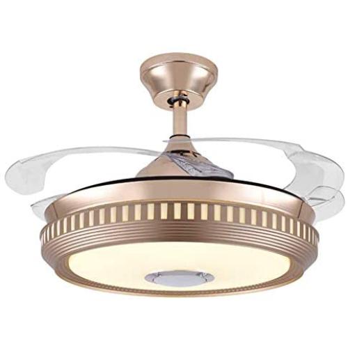 LUOLAX Bluetooth Music Ceiling Fan with Light Modern Champagne Gold Chandelier Invisible Retractable Fan Blades Light Fixture with Remote Control for Indoor Living Room Dining Room Bedroom