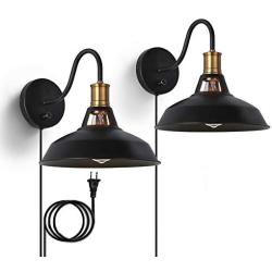 SUNVP Wall Lights with Plug in Cord Set of 2 Gooseneck Farmhouse Barn Wall Lamp Vintage Industrial Wall Sconces with On/Off Switch Black Wall Mounted Light Fixture Indoor