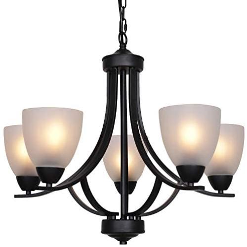 VINLUZ 5 Light Shaded Contemporary Chandeliers with Alabaster Glass Black Rustic Light Fixtures Ceiling Hanging Mid Century Modern Pendant Lighting for Dining Room Foyer Bedroom Living Room