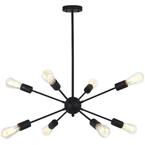 VINLUZ 8-Light Sputnik Chandelier Black Mid Century Modern Ceiling Light Industrial Pendant Lighting for Kitchen Dining Room Living Room