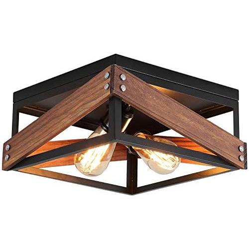 Rustic Industrial Flush Mount Light Fixture Two-Light Metal and Wood Square Flush Mount Ceiling Light for Hallway Living Room Bedroom Kitchen Entryway Farmhouse, Black