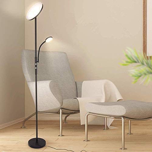 Albrillo Modern Floor Lamp - 20W Sky LED Torchiere with Flexible 5W Reading Light, Full Range Dimmable Standing Lamp, 1600 + 500Lumens, 3000K Warm White for Living Room, Bedroom, Office, Black