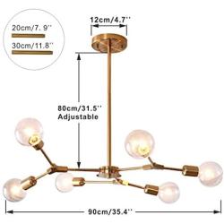 Modo Lighting Modern Sputnik Chandelier Brushed Brass Hanging Lamp Industrial Flush Mount Ceiling Light Fixture Adjustable Hanging Lamp for Living Room Restaurant E26(6-Light)