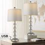 BOBOMOMO Modern Crystal USB Table Lamps Set of 2 for Living Room Nightstand Bedroom 25'' Bedside Desk Lamp Silver Shade