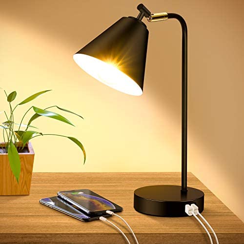 Industrial Dimmable Desk Lamp with 2 USB Charging Ports AC Outlet, Touch Control Bedside Nightstand Reading Lamp Flexible Head, Black Metal Table Lamp for Bedroom Office Living Room, Bulb Included Industrial Dimmable Desk Lamp with 2 USB Charging Ports AC Outlet, Touch Control Bedside Nightstand Reading Lamp Flexible Head, Black Metal Table Lamp for Bedroom Office Living Room, Bulb Included