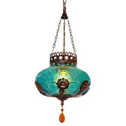 LITFAD Blue Lantern Suspension Lighting Moroccan Textured Glass 1 Light Restaurant Hanging Pendant Light 110V-120V Ceiling Hanging Light for Living Room Restaurant Hotel