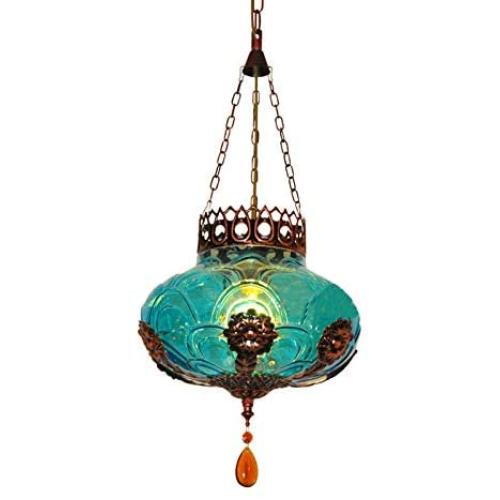 LITFAD Blue Lantern Suspension Lighting Moroccan Textured Glass 1 Light Restaurant Hanging Pendant Light 110V-120V Ceiling Hanging Light for Living Room Restaurant Hotel