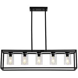 Sivilynus 5 Lights Black Dining Room Chandelier Hanging Light Fixture Modern Kitchen Island Linear Lighting Farmhouse Chandelier with Clear Glass Shade for Bar Restaurant