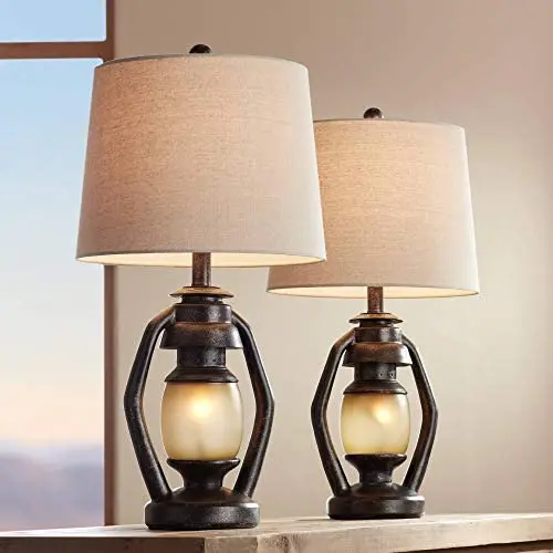 Horace Rustic Farmhouse Table Lamps Set of 2 with Nightlight Miner Lantern Brown Oatmeal Tapered Drum Shade for Living Room Bedroom Bedside Nightstand Office Family - Franklin Iron Works