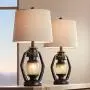 Horace Rustic Farmhouse Table Lamps Set of 2 with Nightlight Miner Lantern Brown Oatmeal Tapered Drum Shade for Living Room Bedroom Bedside Nightstand Office Family - Franklin Iron Works