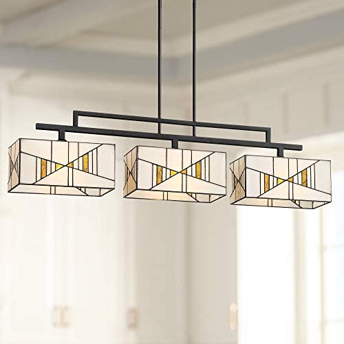 Oswell Black Large Linear Island Pendant Chandelier 42 1/2'' Wide Mission Tiffany Style Art Glass 3-Light Fixture for Kitchen Island Dining Room - Robert Louis Tiffany