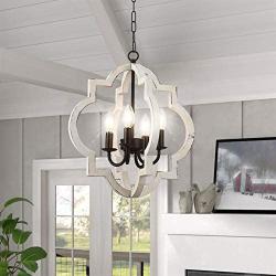 Farmhouse Orb Chandelier, 4-Light Hand-Painted Distressed Wood Hanging Light Fixture for Island Dining Foyer Entryway Lighting. (White, 4-Light)