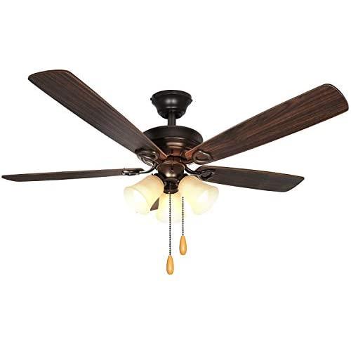 52 Inch LED Indoor Oil-Rubbed Bronze Ceiling Fan with Light Kit (Bulb included), 3 Lights Ceiling Fan with Reversible Blades & Pull Chains for Living room, Bedroom, Kitchen, Garage, ETL Listed