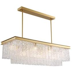 Rectangle Crystal Chandelier, Siljoy Modern Luxury 9-Lights Rectangular Gold Pendant Ceiling Light Restaurant lamp Fixture for Dining Room Kitchen Island, L40'' x W14'' x H12''