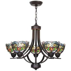 VINLUZ 5 Light Chandeliers Tiffany Style 7-inch Stained Glass Shaded, Oil Rubbed Bronze Vintage Pendant Lighting Traditional Ceiling Light Fixtures Hanging for Dining Room Living Room