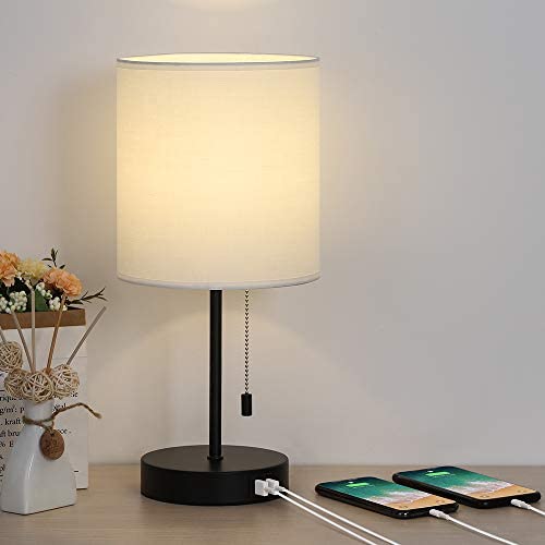 USB Table Lamp, Bedside Table Lamps with Dual USB Quick Charging Ports, Metal Nightstand Lamp with White Fabric Shade, Desk Lamp Perfect for Bedroom Living Room Study Room Office Dressing Room