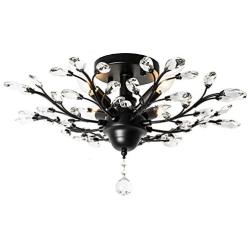 Ganeed Crystal Ceiling Light,Vintage K9 Crystal Chandeliers,Industrial Edison Pendant Light Flush Mount Ceiling Light Fixture With 4 Lights for Living Room Dinning Room Restaurant Porch hallway (Black