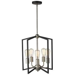 Zeyu 5-Light Foyer Chandelier, Industrial Pendant Hanging Light Fixture for Hallway Dining Room, Black and Satin Nickel Finish, ZJF14-5 SN+BK