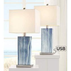 Connie Modern Table Lamps Set of 2 with USB Charging Port Rectangular Blue White Fabric Shade for Living Room Bedroom Bedside Nightstand Office Family - 360 Lighting