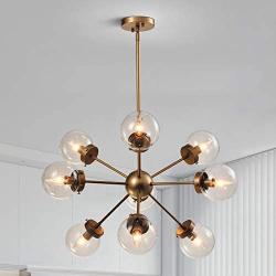 Maxax Sputnik Chandelier 9 Lights Gold Brushed Brass Modern Pendant Lighting Glass Vintage Ceiling Light Fixture for Kitchen Dining Room Bedroom - ETL Listed