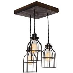 West Ninth Vintage Old Elm Wood Multi Pendant Farmhouse Chandelier - 3 Sockets with Black Cages