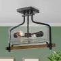 Semi Flush Mount Ceiling Light, Wood Ceiling Light Fixtures with Seeded Glass Shade for Bedroom, Entryway, Foyer, Stairway, Dining Room, 15.5 inches