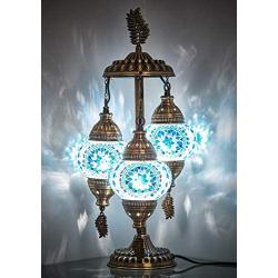 DEMMEX 2020 Stunning 3 Globe Turkish Moroccan Bohemian Table Desk Bedside Night Lamp Light Lampshade with North American Plug & Socket, 21 Inches (Aqua)