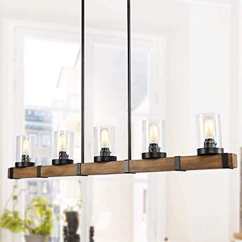 LALUZ Kitchen Light Fixtures,5-Lights Dining Room Lighting Fixtures Hanging, Long Wood Beam Farmhouse Chandelier 42.9”L