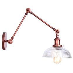 KWOKING Lighting Adjustable Wall Sconce Industrial Wall Sconce Lighting 2 Swing Arms Wall Sconce lamp with Dome Shade Vintage Ribbed Glass Light for Living Room, Bedroom, Dining Room (Rust)