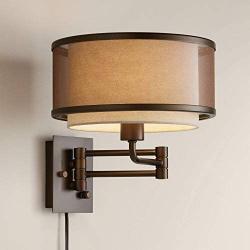 Vista Rustic Farmhouse Swing Arm Wall Lamp Oil Rubbed Bronze Plug-in Light Fixture Brown Organza Oatmeal Linen Double Drum Shade for Bedroom Bedside Living Room Reading - Franklin Iron Works