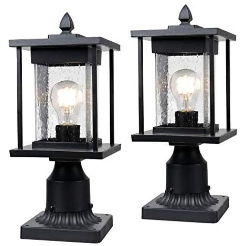 Osimir Outdoor Post Lantern, 2 Pack Modern Outdoor Post Light Fixtures with Pier Mount Base, Sanded Black Finish Seeded Glass, 6.5'' W x 16'' H, 8598/1G-2PK