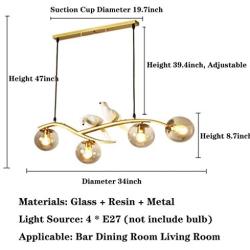 Kankanray Nordic Creative Chandelier Modern Resin Bird Glass Ceiling Lamp 4 Light Flush Mount Lighting Fixture for Bar Dining Room Living Room Bedroom (Gold)