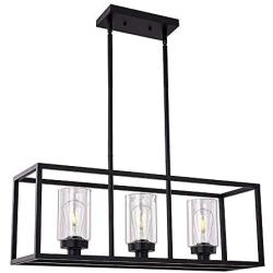 XILICON Black Dining Room Chandeliers Lighting Fixture Linear Pendant Modern 3-Light with Glass Shades Vintage Farmhouse Ceiling Light Hanging for Kitchen Island Cafe Bar