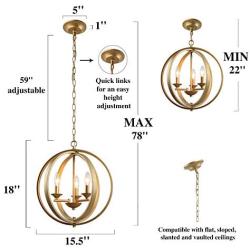 KSANA Gold Orb Chandelier, Modern Globe 3 Light Fixture for Dining & Living Room, Bedroom, Foyer and Kitchen