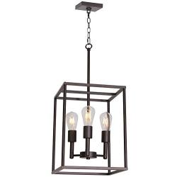 VINLUZ 3 Light 12 W Hall-Foyer Cage Pendant Light Lantern Iron Art Design Oil Rubbed Bronze Farmhouse Chandelier Ceiling Lighting for Kitchen Dining Room Entryway Foyer