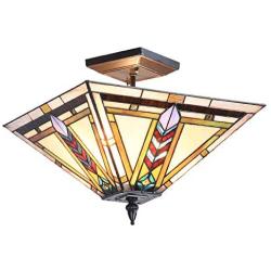 Artzone 2-Light Tiffany Semi Flush Mount Ceiling Light 14 inch Wide Stained Glass Ceiling Light Fixtures Mission Style Hollway Lighting