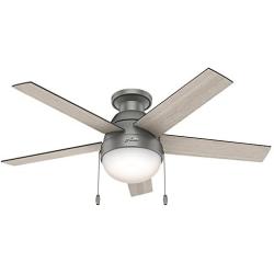 HUNTER 59270 Anslee Indoor Low Profile Ceiling Fan with LED Light and Pull Chain Control, 46'', Matte Silver